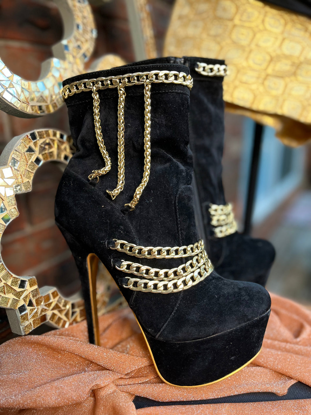 Alba Black Suede w/Gold Chain Boots