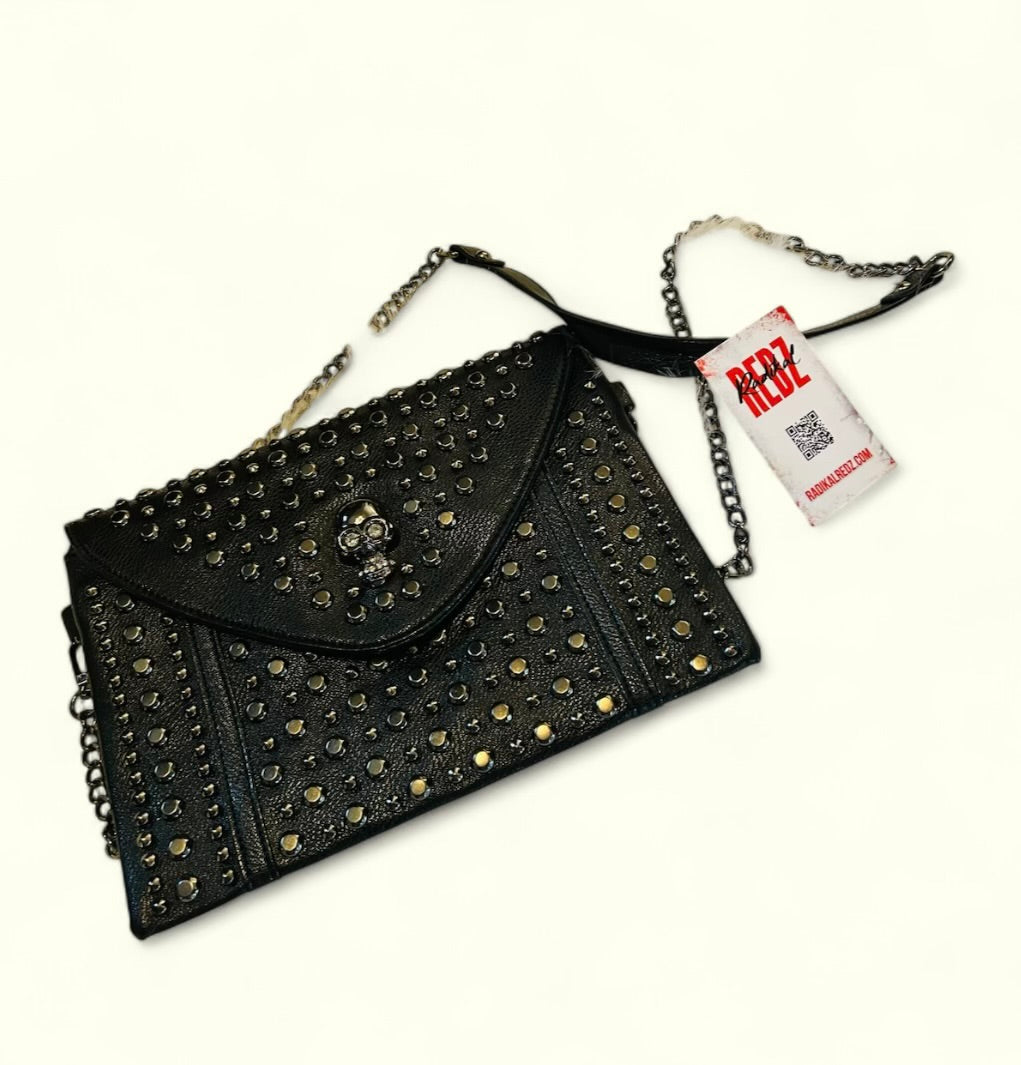 Black Studded Skull Purse with Chain