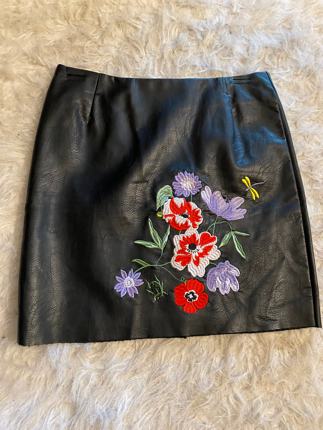 Pleather Flower Emroidered Skirt