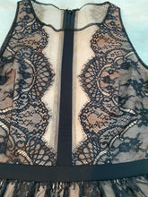 Load image into Gallery viewer, BCBGMAXAZRIA Black and Nude Flower Lace Peplum Cocktail Dress
